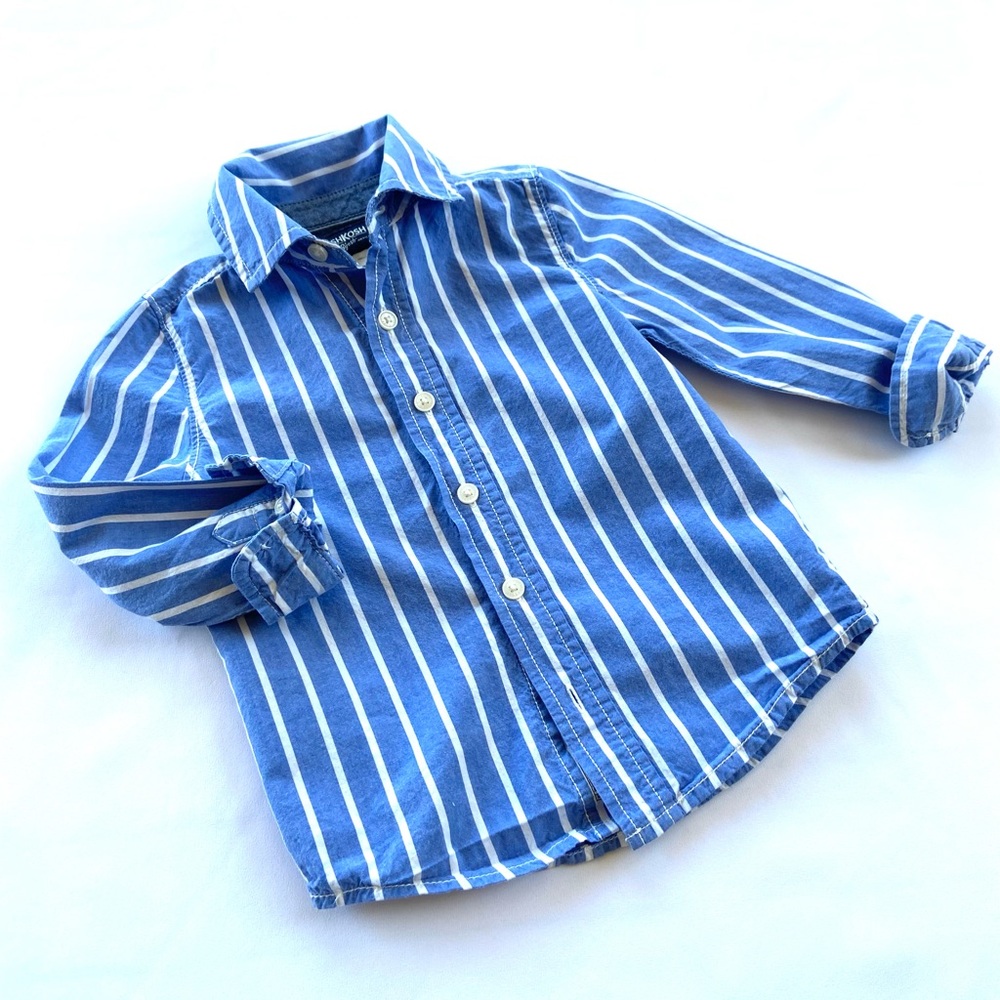 Oshkosh B’gosh Blue/White Striped Button Down Long Sleeve Cotton Shirt, Size 3T